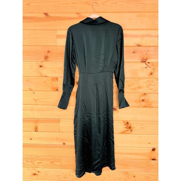 SIMKHAI Jonathon Simkhai Samba Wrap-effect Satin Midi Shirt Dress in Emerald 2 - Picture 7 of 7